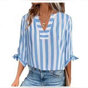 NEW Shein Curve Women's Blue Striped Blouse Plus Size 1XL Tie Sleeve Top